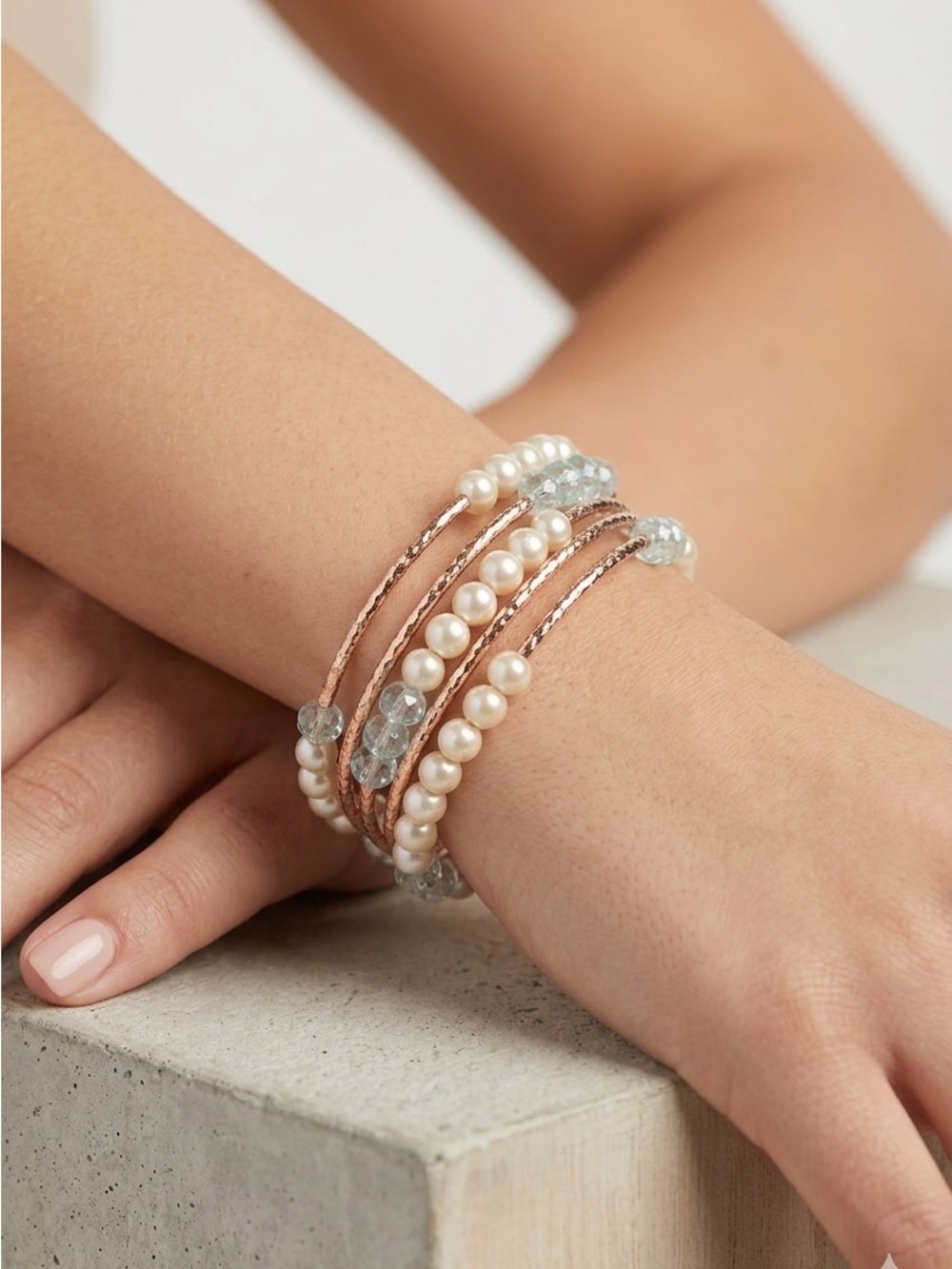 Faux Pearl Wrap Coil Bracelet | Rose Gold Multi-Strand Memory Wire